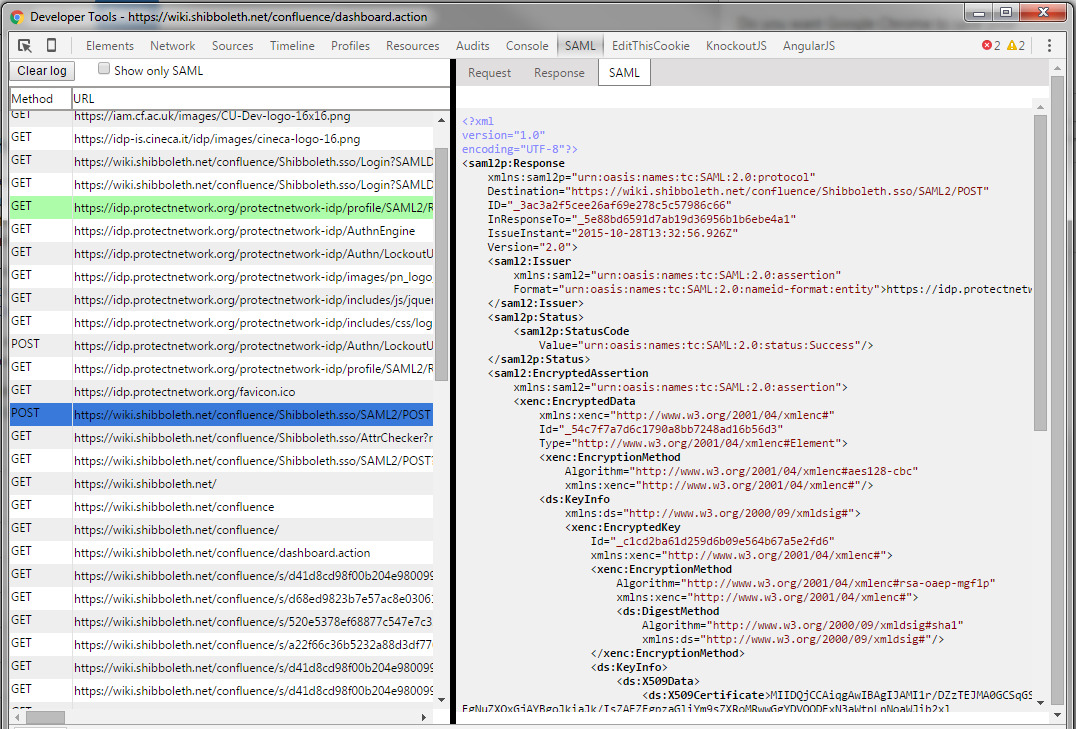 SAML Chrome DevTools extension screenshot